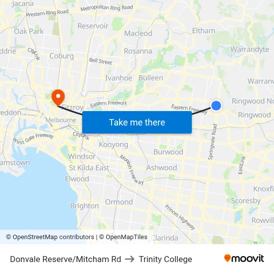 Donvale Reserve/Mitcham Rd to Trinity College map