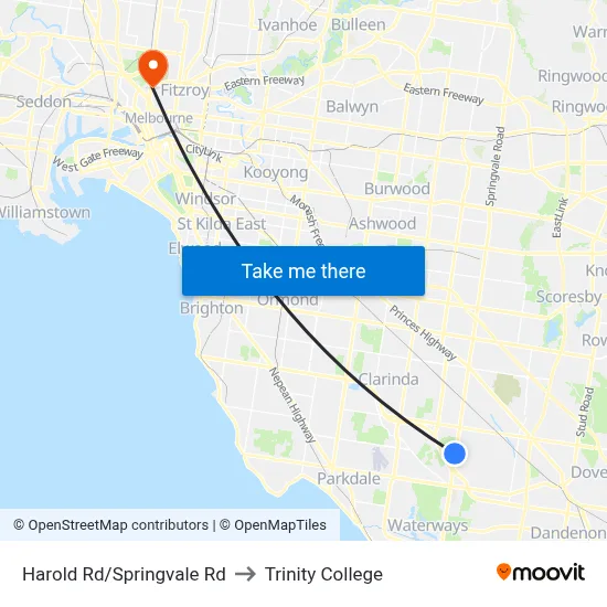 Harold Rd/Springvale Rd to Trinity College map
