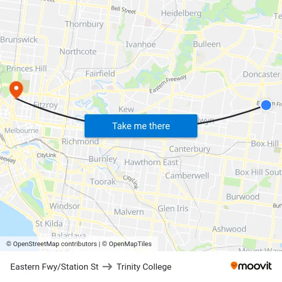 Eastern Fwy/Station St to Trinity College map