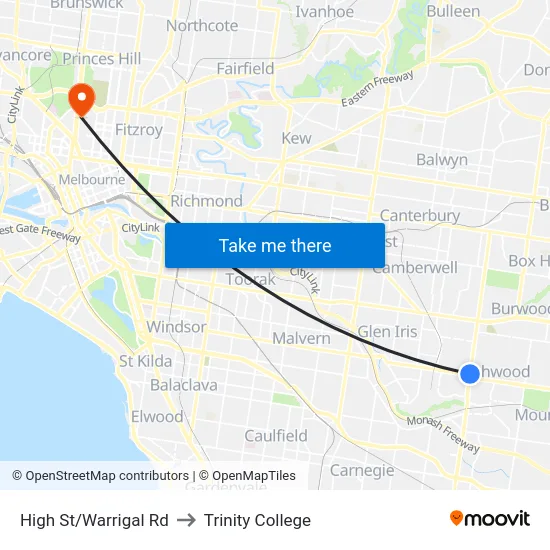 High St/Warrigal Rd to Trinity College map