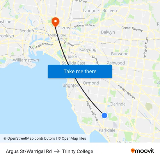 Argus St/Warrigal Rd to Trinity College map