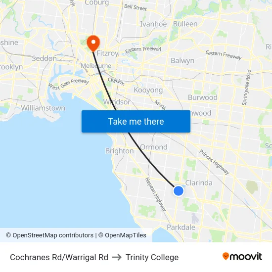 Cochranes Rd/Warrigal Rd to Trinity College map