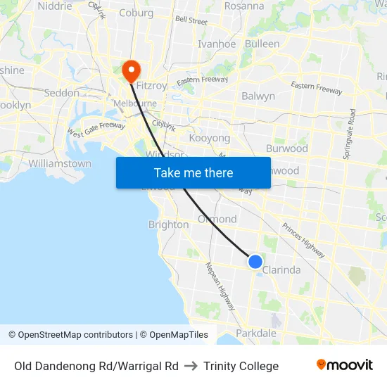 Old Dandenong Rd/Warrigal Rd to Trinity College map