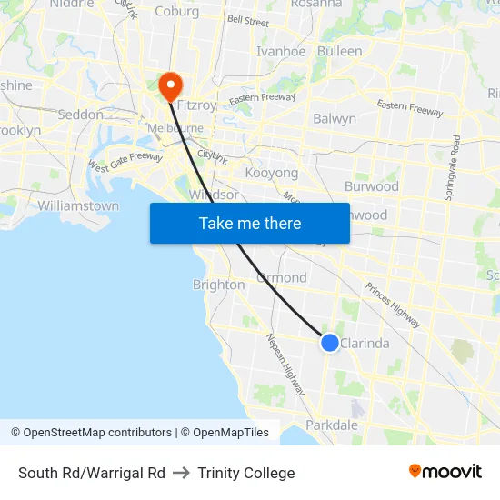 South Rd/Warrigal Rd to Trinity College map