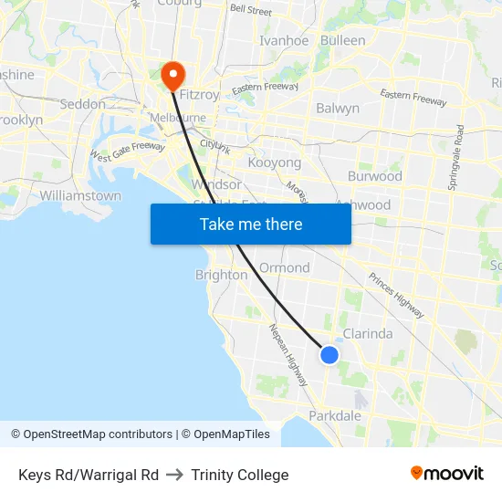 Keys Rd/Warrigal Rd to Trinity College map