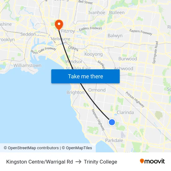 Kingston Centre/Warrigal Rd to Trinity College map