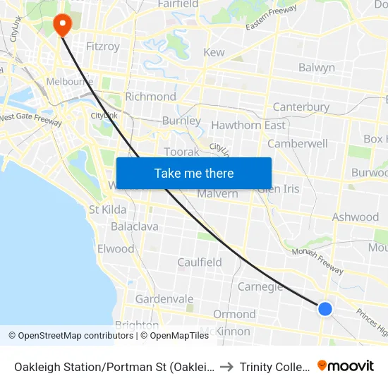 Oakleigh Station/Portman St to Trinity College map