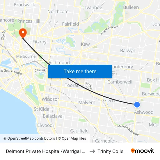 Delmont Private Hospital/Warrigal Rd to Trinity College map