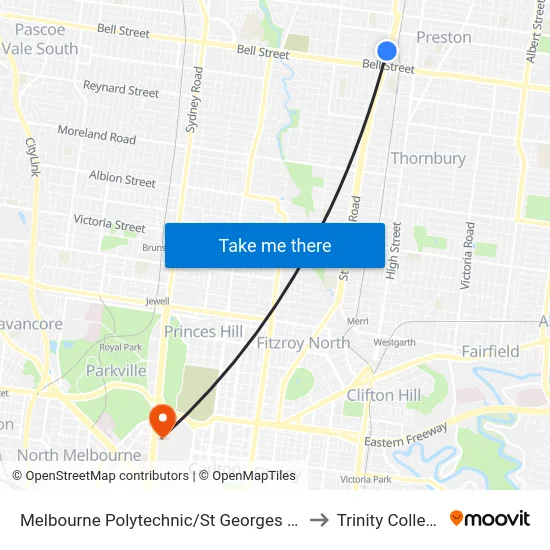 Melbourne Polytechnic/St Georges Rd to Trinity College map