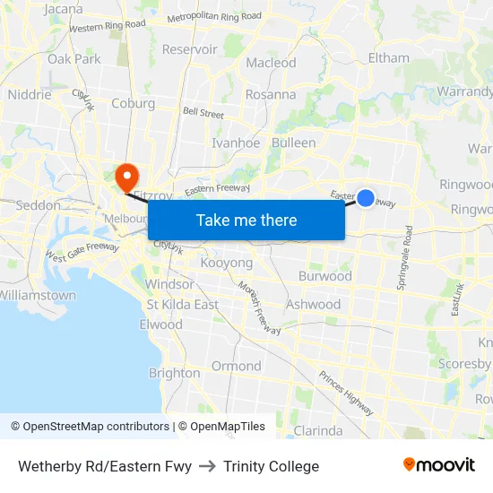 Wetherby Rd/Eastern Fwy to Trinity College map