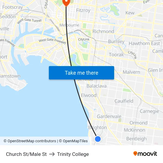 Church St/Male St to Trinity College map