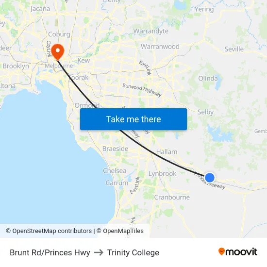Brunt Rd/Princes Hwy to Trinity College map