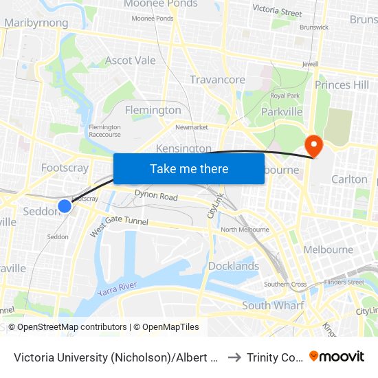 Victoria University (Nicholson)/Albert St (Footscray) to Trinity College map