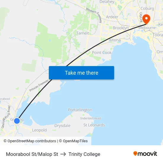 Moorabool St/Malop St to Trinity College map