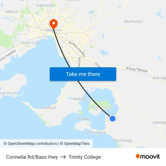 Corinella Rd/Bass Hwy to Trinity College map