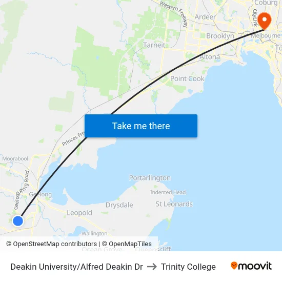 Deakin University/Alfred Deakin Dr to Trinity College map