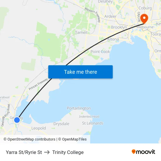 Yarra St/Ryrie St to Trinity College map