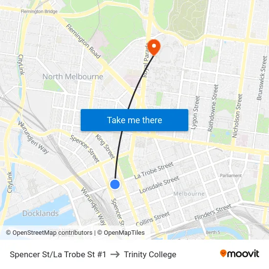 Spencer St/La Trobe St #1 to Trinity College map