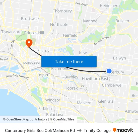 Canterbury Girls Sec Col/Malacca Rd to Trinity College map