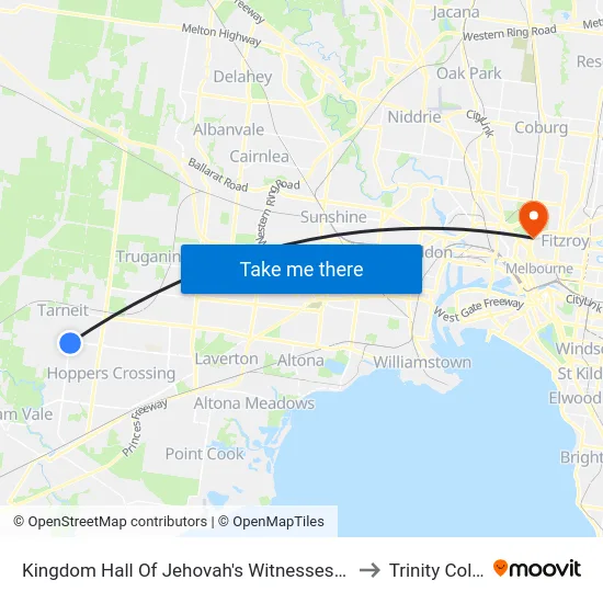 Kingdom Hall Of Jehovah's Witnesses/Tarneit Rd to Trinity College map