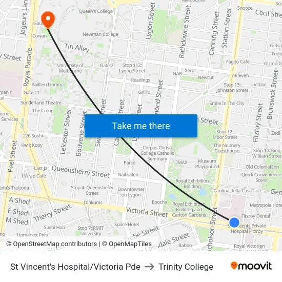 St Vincent's Hospital/Victoria Pde to Trinity College map