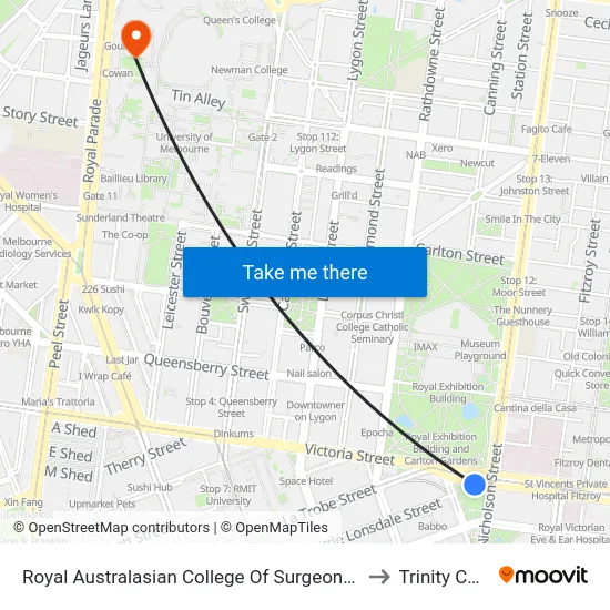 Royal Australasian College Of Surgeons/Victoria Pde to Trinity College map