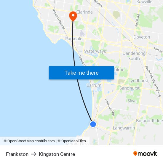 Frankston to Kingston Centre map