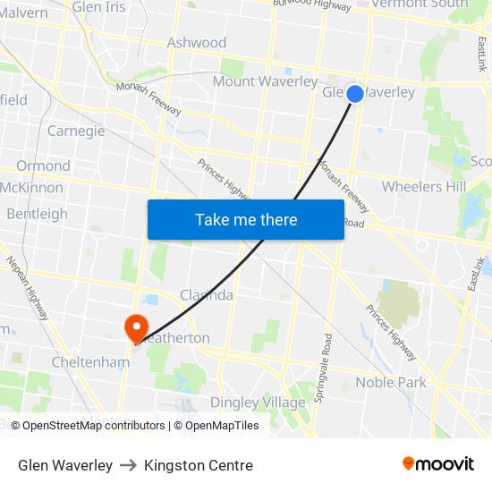 Glen Waverley to Kingston Centre map