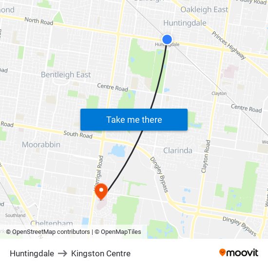 Huntingdale to Kingston Centre map