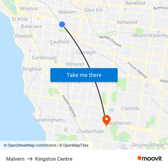 Malvern to Kingston Centre map