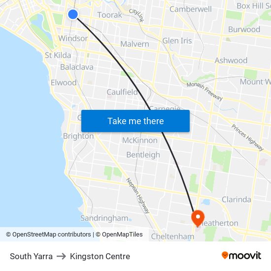 South Yarra to Kingston Centre map