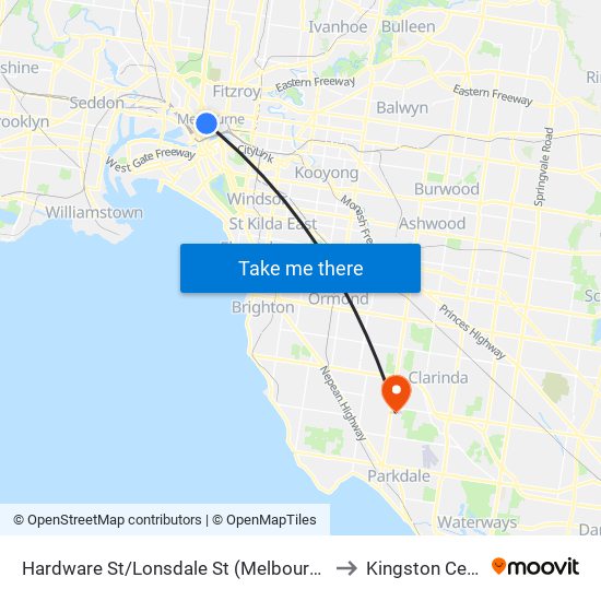 Hardware St/Lonsdale St (Melbourne City) to Kingston Centre map