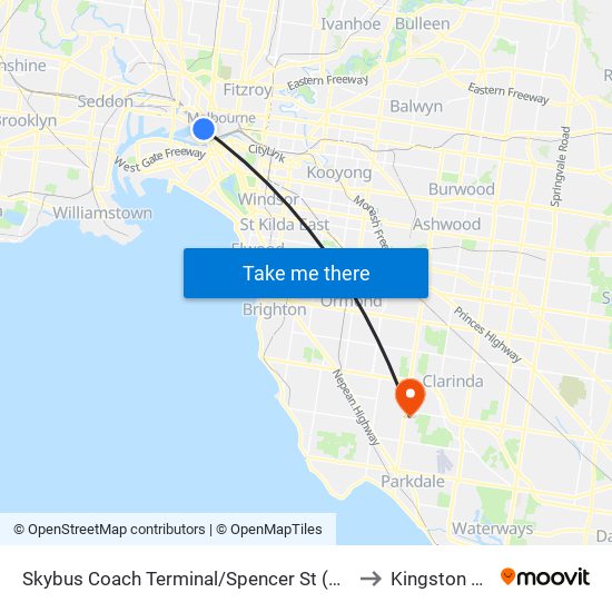 Skybus Coach Terminal/Spencer St (Melbourne City) to Kingston Centre map