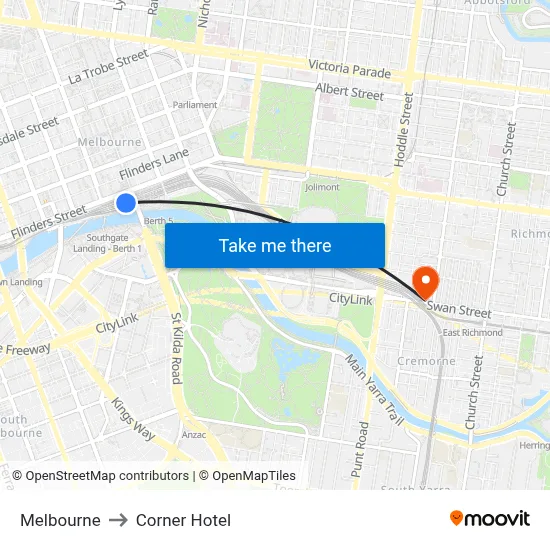 Melbourne to Corner Hotel map