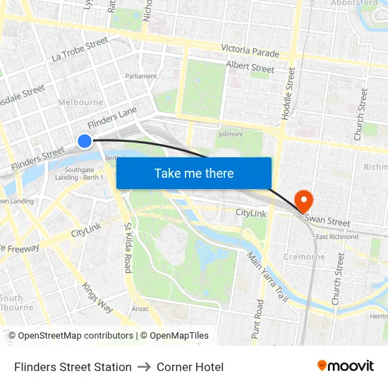Flinders Street Station to Corner Hotel map