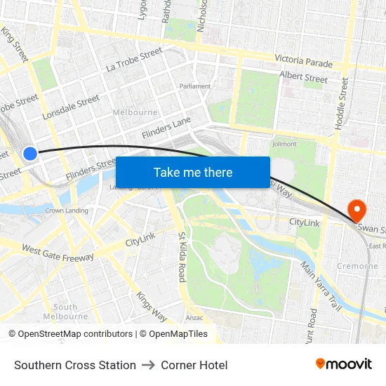 Southern Cross Station to Corner Hotel map