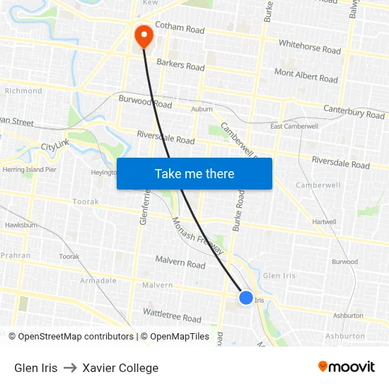 Glen Iris to Xavier College map