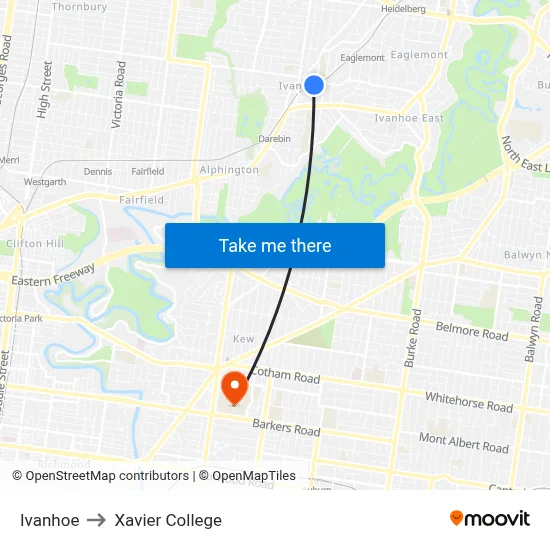 Ivanhoe to Xavier College map