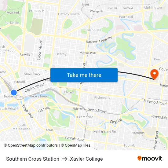 Southern Cross Station to Xavier College map