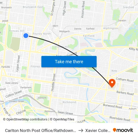 Carlton North Post Office/Rathdowne St to Xavier College map