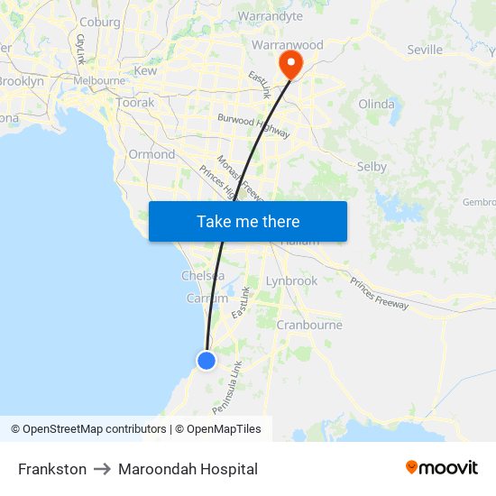 Frankston to Maroondah Hospital map