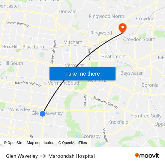 Glen Waverley to Maroondah Hospital map