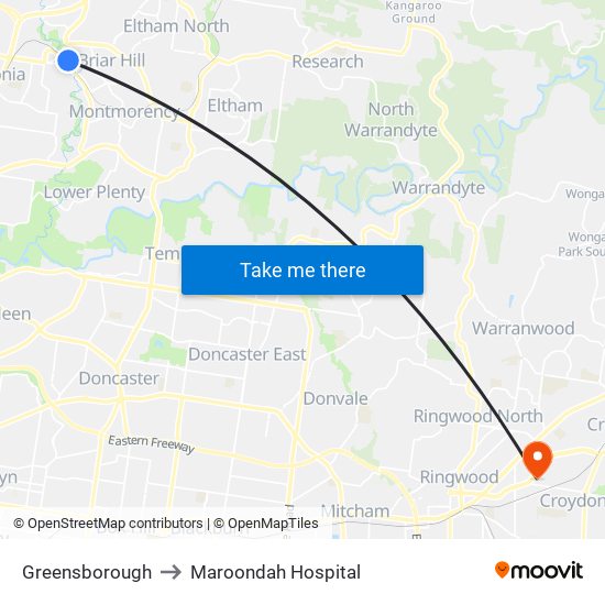 Greensborough to Maroondah Hospital map