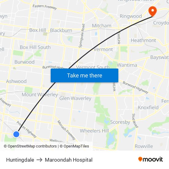 Huntingdale to Maroondah Hospital map