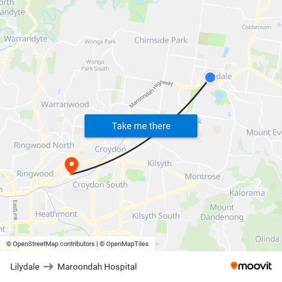 Lilydale to Maroondah Hospital map