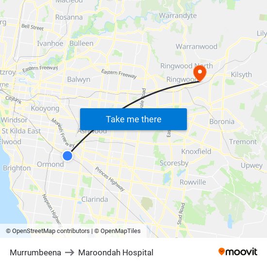 Murrumbeena to Maroondah Hospital map