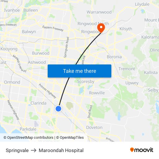 Springvale to Maroondah Hospital map