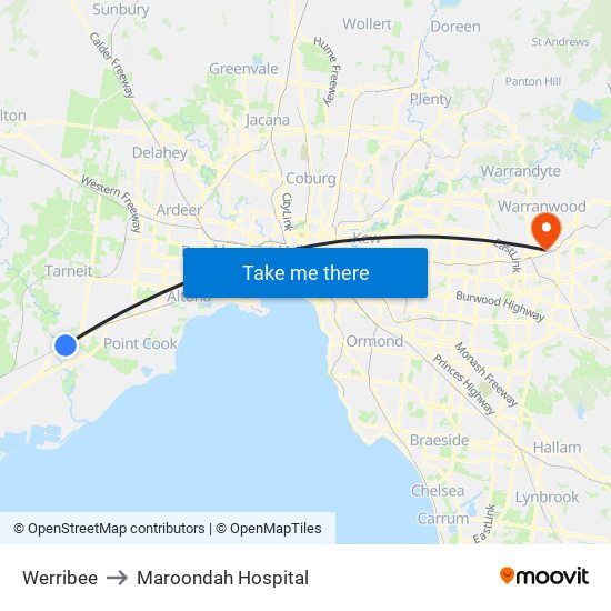 Werribee to Maroondah Hospital map