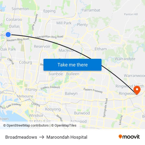 Broadmeadows to Maroondah Hospital map