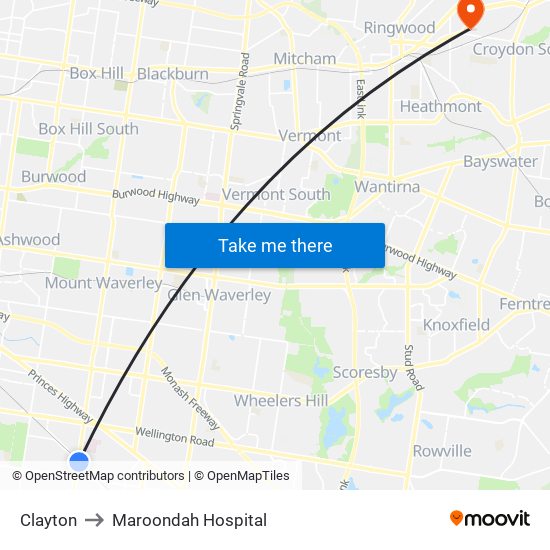 Clayton to Maroondah Hospital map